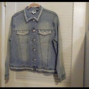 DG2 by Diane Gilman Bleached Denim Embellished Jean Jacket Size Large
